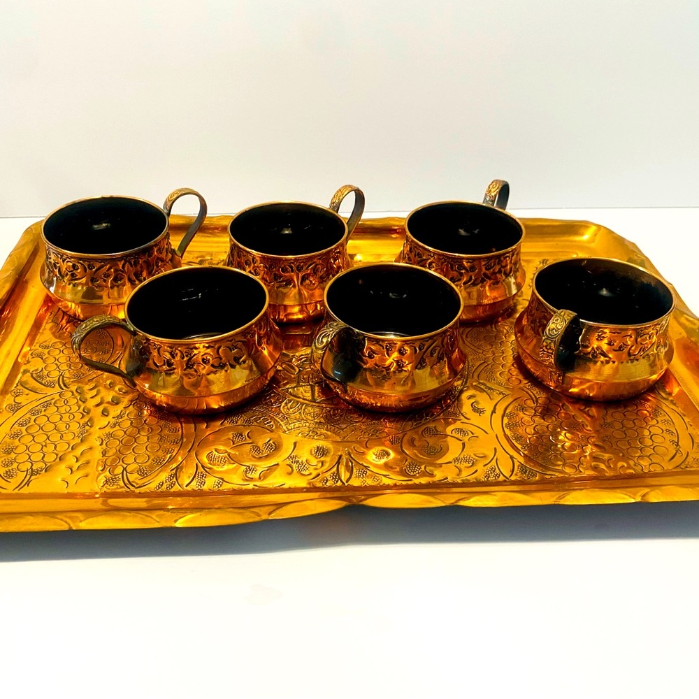 Vintage Judaica Jerusalem Wailing Wall Cooper Serving Tray & 6 Cooper Cups Set